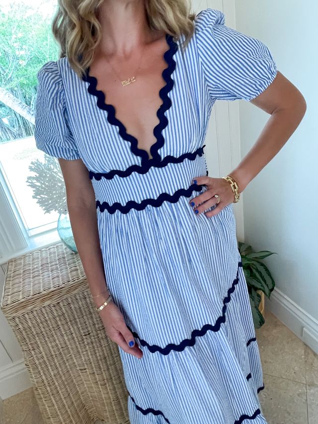 FINAL SALE SAIL TO SABLE V-Neck Puff Sleeve Maxi Blue &amp; White Stripe