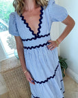 FINAL SALE SAIL TO SABLE V-Neck Puff Sleeve Maxi Blue & White Stripe