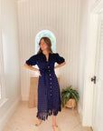 MER ST. BARTH Estelle Fringed Shirtdress Navy Turquoise Swiss Dot