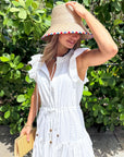 OLIPHANT Cinched Flirty Midi Dress Domino White