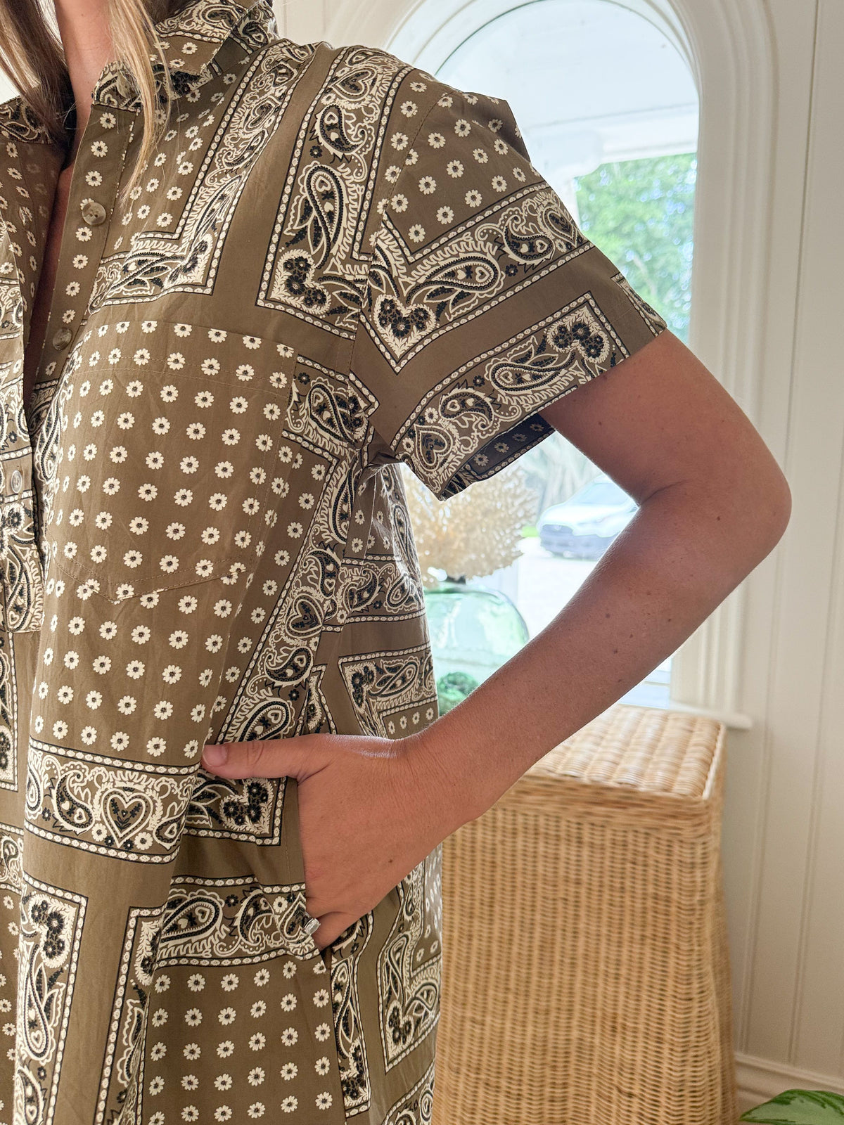 SUNSHINE TIENDA Getaway Mini Dress Olive Bandana