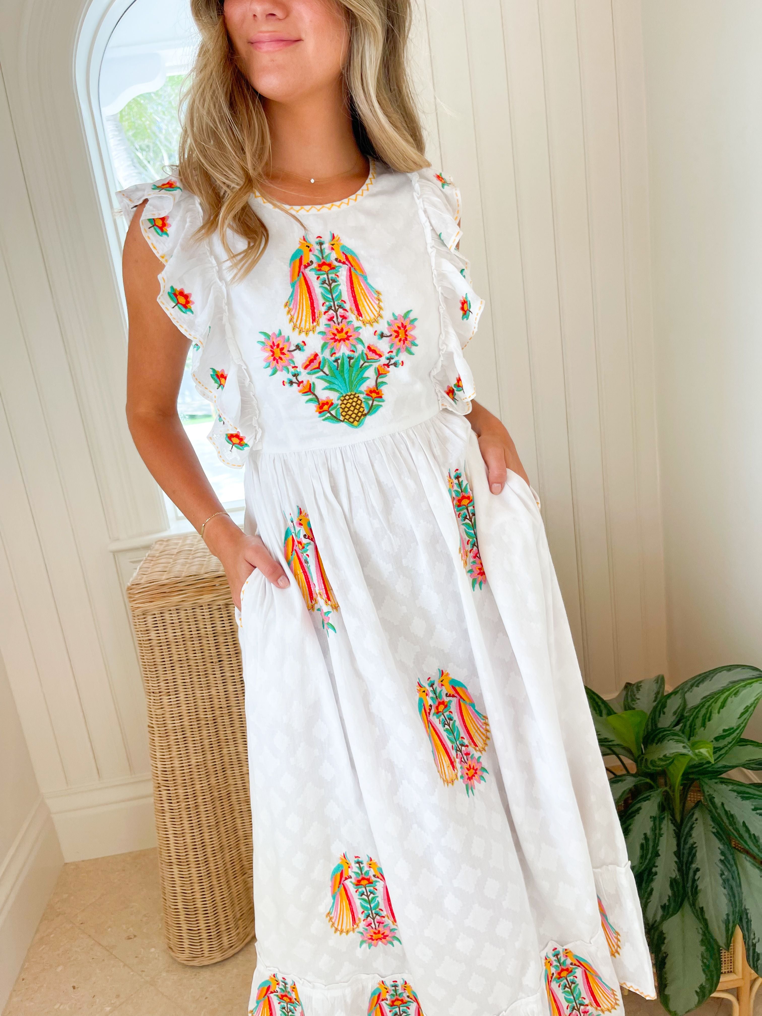 NIMO WITH LOVE Perilla Dress Parrot Embroidery on White Jacquard