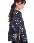 FINAL SALE MINNIE ROSE Cashmere Paint Splatter Frayed Crew With Zipper