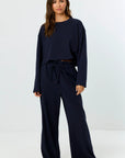 LA PORTE High Waist Wide Leg Ruffle Sweatpant Navy