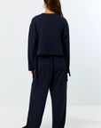 LA PORTE High Waist Wide Leg Ruffle Sweatpant Navy