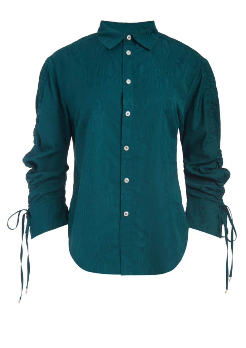 FINAL SALE LA PORTE Button Down Cinch Sleeve Shirt Emerald