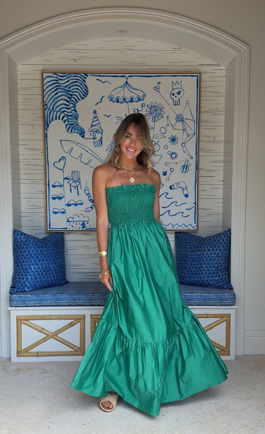 KASIA Cosmos Strapless Smocked Maxi Dress Green