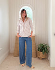 FRANK & EILEEN Barry Button Up Tan/White Stripe