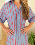 FRANK & EILEEN Rosemary Shirtdress Blue/Red Textured Stripe