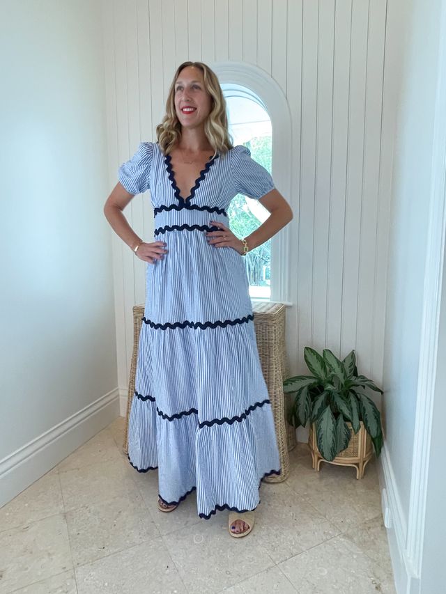 FINAL SALE SAIL TO SABLE V-Neck Puff Sleeve Maxi Blue &amp; White Stripe