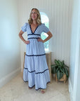 FINAL SALE SAIL TO SABLE V-Neck Puff Sleeve Maxi Blue & White Stripe