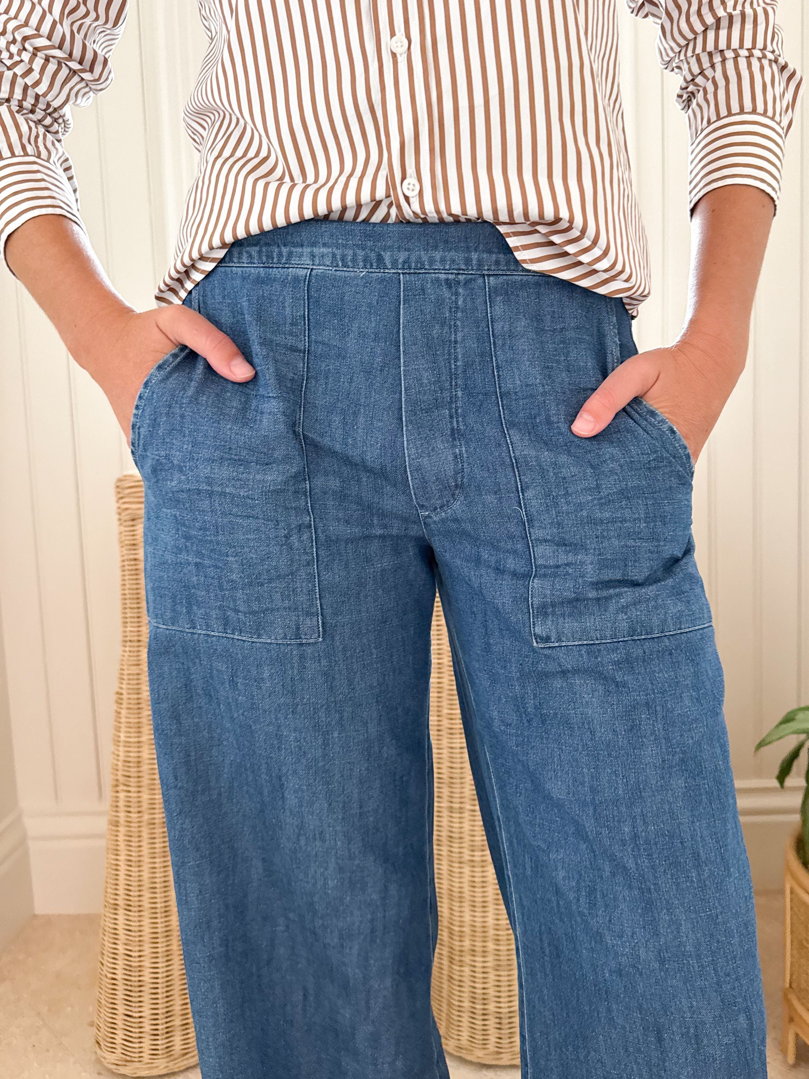 FRANK &amp; EILEEN Madeline Patch Pocket Pull-On Pant Distressed Indigo Wash