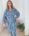 GUADALUPE Rambagh Stripe Emb Dress Blue